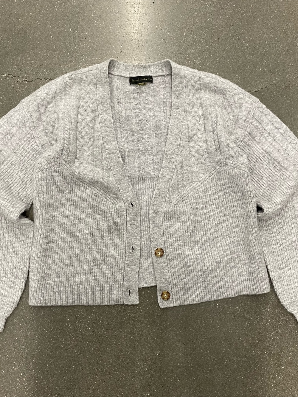 House of Harlow Light Gray Cable-Knit V-Neck Cardigan Sweater missing button